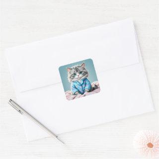 Cat In Pajamas Square Sticker