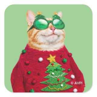 Cat in Ugly Christmas Sweater Square Sticker