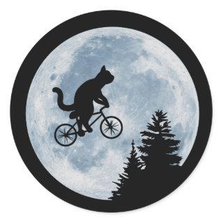 Cat is riding bicycle on the moon background. classic round sticker