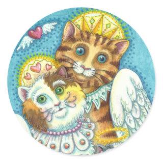 CAT, KITTEN & MOUSE ANGELS IN HEAVEN, HALO & WINGS CLASSIC ROUND STICKER