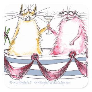 cat love - funny cartoon, tony fernandes square sticker
