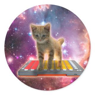 Cat on synthesizers in space classic round sticker