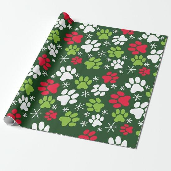 Cat Paw Prints and Snowflakes Red Green Christmas