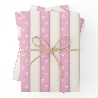 Cat Paw Prints on Pink & Antique White Stripes  Sheets