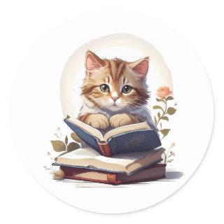 Cat reading a book classic round sticker