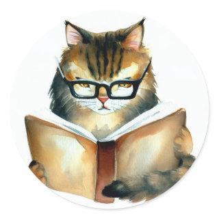 Cat Reading a Book Round Stickers