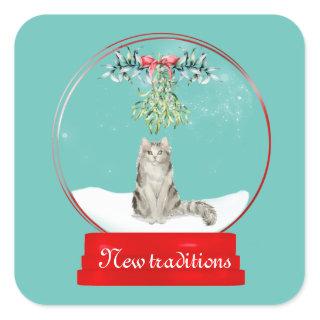 Cat Under the Mistletoe Snow Globe Square Sticker