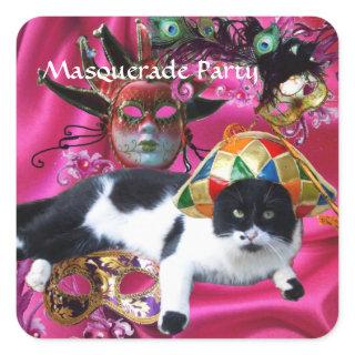 CAT WITH HARLEQUIN HAT AND MASQUERADE PARTY MASKS SQUARE STICKER