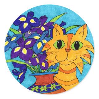 Cat with Irises in Talavera Vase Classic Round Sticker
