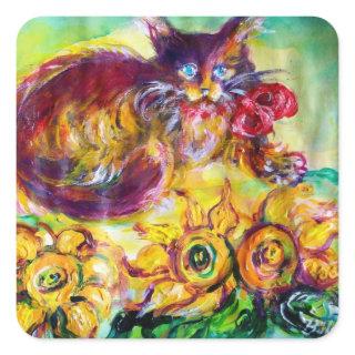 CAT WITH RED RIBBON AND SUNFLOWERS SQUARE STICKER