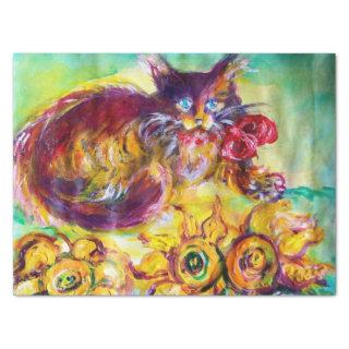 CAT WITH RED RIBBON AND SUNFLOWERS TISSUE PAPER