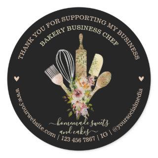 Catering Bakery Chef Rustic Eucalyptus Black Boho Classic Round Sticker