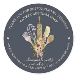 Catering Bakery Chef Rustic Eucalyptus navy boho Classic Round Sticker