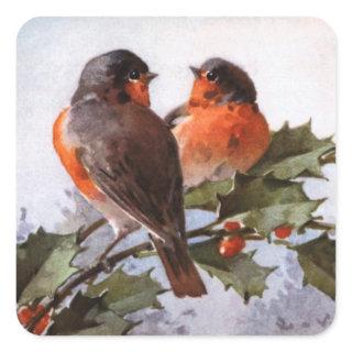 Catherine Klein: Robins on Holly Square Sticker