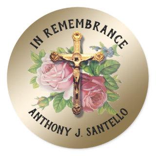 Catholic Funeral Sympathy Crucifix Roses Classic Round Sticker