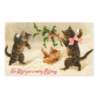 Cats playing in the snow Vintage Christmas Sticker