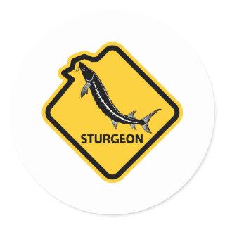 Caution Sturgeon Leaping Classic Round Sticker