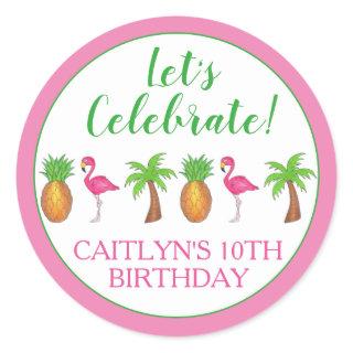 Celebrate Birthday Flamingo Palm Tree Pineapple Classic Round Sticker