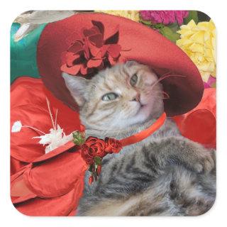 CELEBRITY CAT PRINCESS TATUS WITH RED HAT SQUARE STICKER