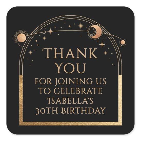 Celestial Birthday Black Gold Thank You Square Sticker