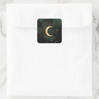 Celestial Emerald Gold Moon Wedding Square Sticker