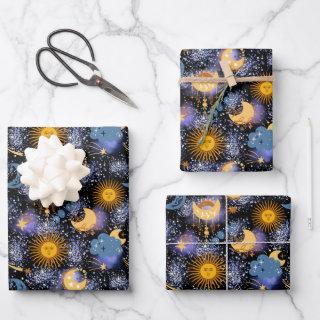 Celestial Magical Pattern Moon Stars Sun Black Sky  Sheets