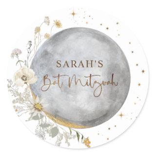 Celestial Moon, Silver, White and Gold Bat Mitzvah Classic Round Sticker