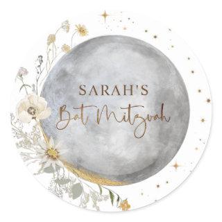 Celestial Moon, Silver, White and Gold Bat Mitzvah Classic Round Sticker