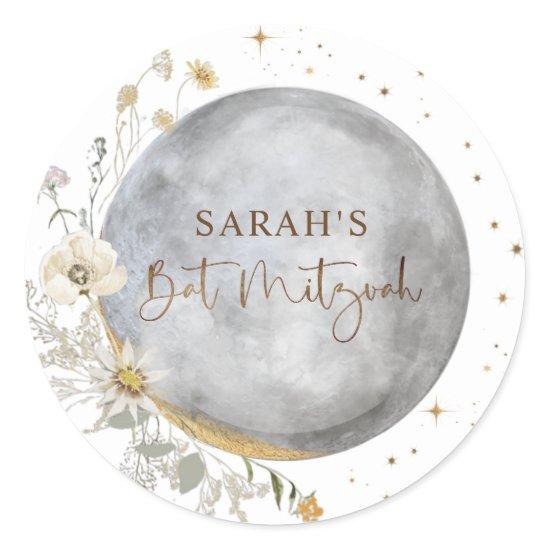 Celestial Moon, Silver, White and Gold Bat Mitzvah Classic Round Sticker