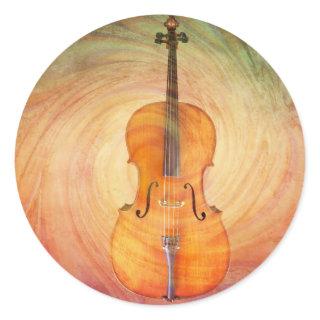 Cello with warm colorful textured background. classic round sticker