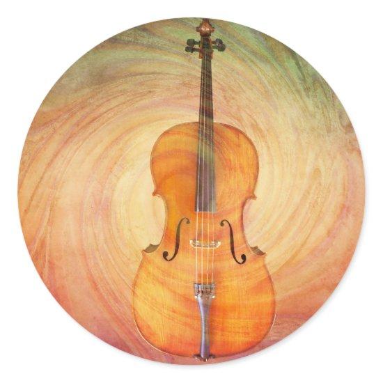 Cello with warm colorful textured background. classic round sticker