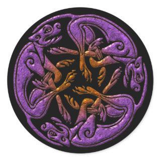 Celtic dogs traditional ornament in purple, orange classic round sticker