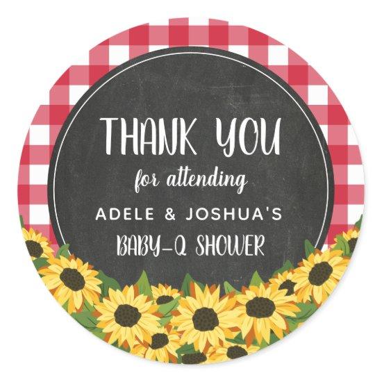 Chalk Gingham Sunflowers Baby-Q Shower Thank You Classic Round Sticker