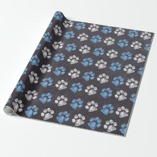 Chalkboard Blue White Paw Prints