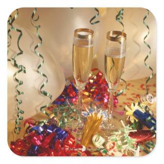 Champagne flutes, streamers and noisemakers square sticker