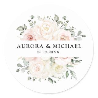 Champagne Ivory Blush Pink Floral Greenery Wedding Classic Round Sticker