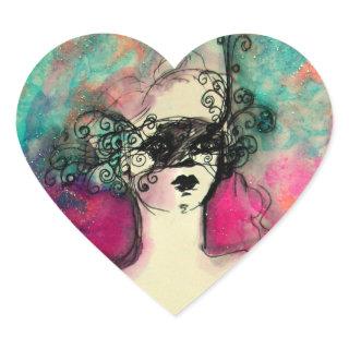 CHARM /Lady With Mask Pink Teal Green Heart Sticker
