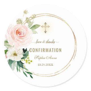 Charm Pink Blush Floral Gold Cross Confirmation  Classic Round Sticker