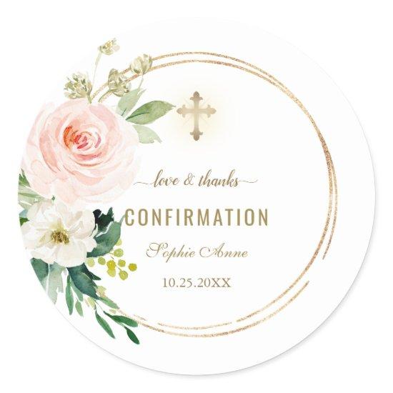 Charm Pink Blush Floral Gold Cross Confirmation  Classic Round Sticker
