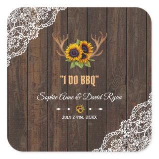 Charm Rustic Sunflowers Antlers Wood Lace I DO BBQ Square Sticker
