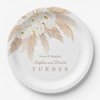 Charm White Roses Pampas Grass Wedding Paper Plates