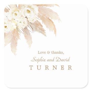 Charm White Roses Pampas Grass Wedding Square Sticker