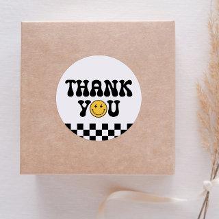 Checker Happy Face Birthday Thank You Classic Round Sticker