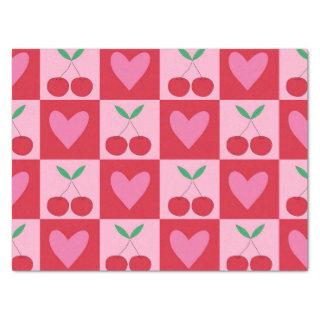 Checkered Cherries with Pink Hearts Pattern Tissue Paper