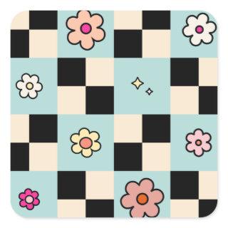 Checkered Flower Pattern Mint Retro Check Square Sticker
