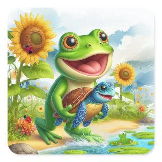 Cheerful Frog and Sea Turtle Scene Square Sticker