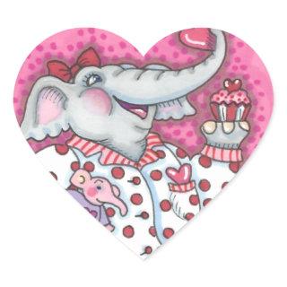 CHEERFUL PACHYDERM IN PINK PAJAMAS, HEART CUPCAKE HEART STICKER
