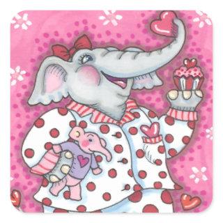 CHEERFUL PACHYDERM IN PINK PAJAMAS, HEART CUPCAKE SQUARE STICKER