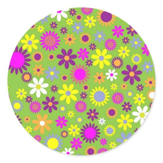 Cheerful Retro Flower Power Floral Designer Classic Round Sticker