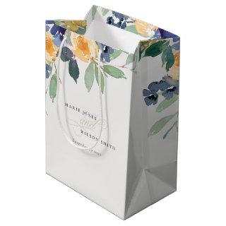 Cheerful Yellow Blue Floral Watercolor Wedding Medium Gift Bag